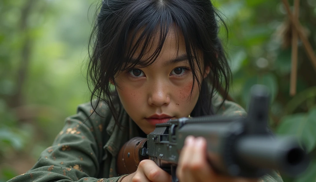 A photograph taken with a 70mm lens of a Japanese girl aiming a sniper rifle, her expression focused and intense, the color temperature is cool, the background is slightly blurred, highlighting the sharp details of the rifle and her determined gaze, lighting is natural with soft shadows, atmosphere is tense and dramatic