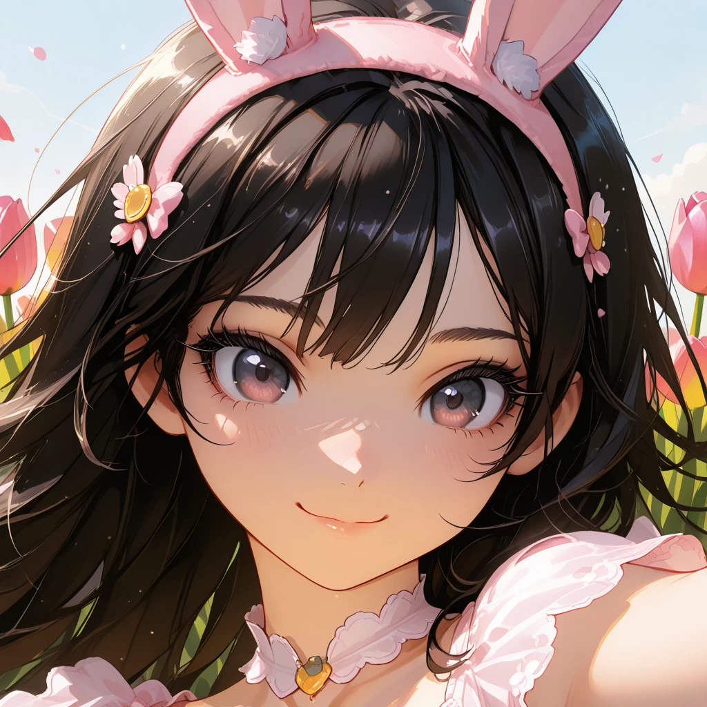 a women, pink bunny ears, black hair, pink eyes, pink dress