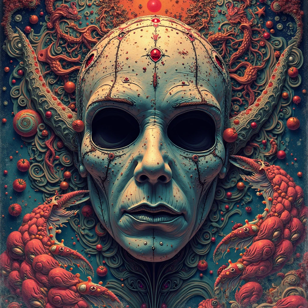 3D Abstract Sculpture,Craft design,weird,Horns on the head - long,The third eye on the forehead,Eyeball Crown,whole body,Abstract Art,Surrealism,Red background,panoramic,Wide Angle