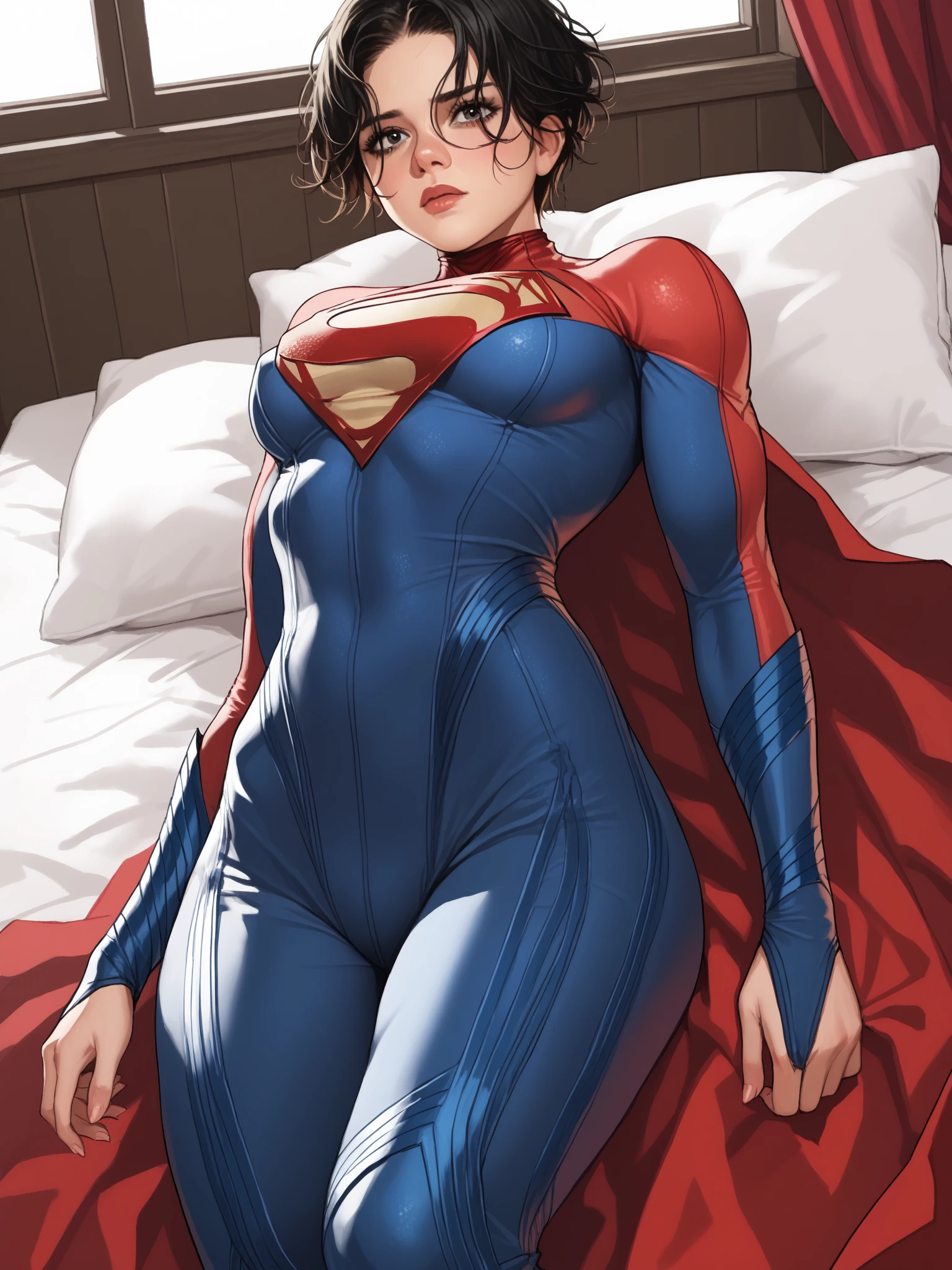 a girl with a large waist and big tits, her body marked in her clothe, she smilling.