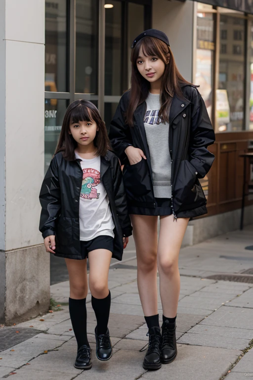 A toddler girl standing at a photo shoot wearing a black police jacket and a braca blouse and a jean calsa and wearing black boots