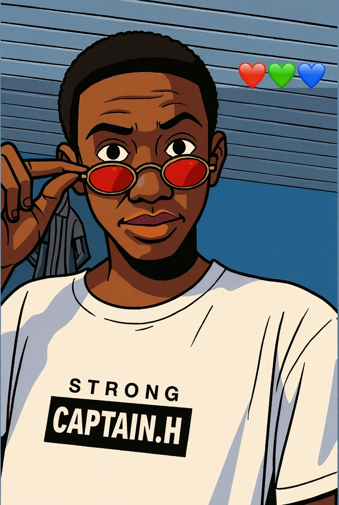 coloring book style drawing, black andwhite, TEENAGER with big eyes, flat nose wearing a goatee and black power style hair, wearing white clothes, a white t-shirt and white shorts, He wears prescription glasses, gesturing and laughing relaxed