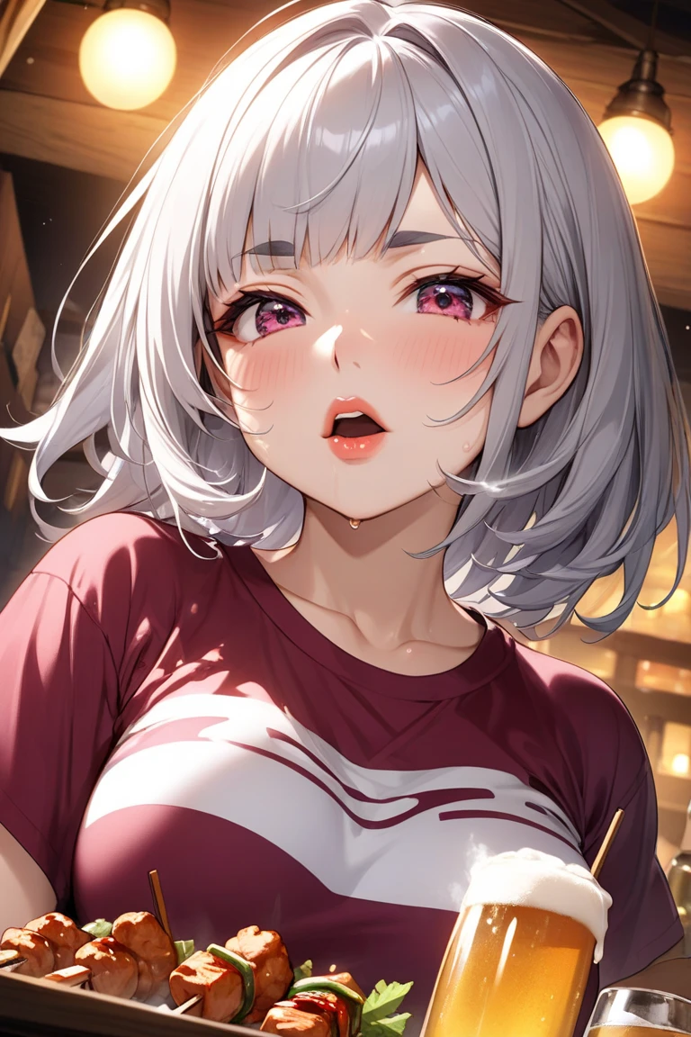 red eyes, accelerator (toaru majutsu no index), white hair, shirt, girl:1.3, big breasts, soft features, round face, outdoors, lake, smile, blush, upper body, fat