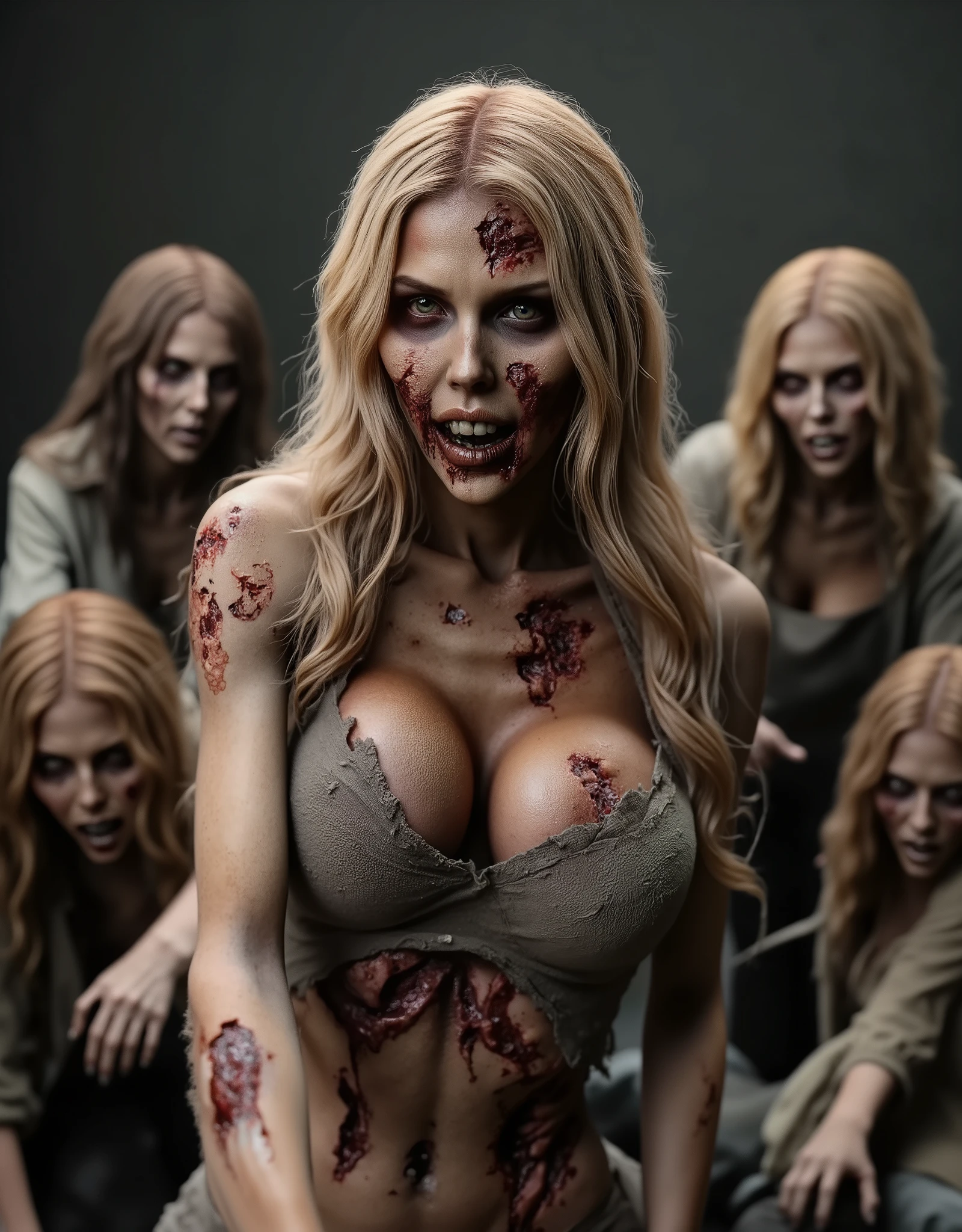 Zombie girl surrounded by other male zombies, rotting flesh, open wounds, undead, horror, open mouth with rotting teeth and blood, severed nose, exposed bone, blood and gore, bloody wounds, torn flesh, one arm reaching out to the viewer,