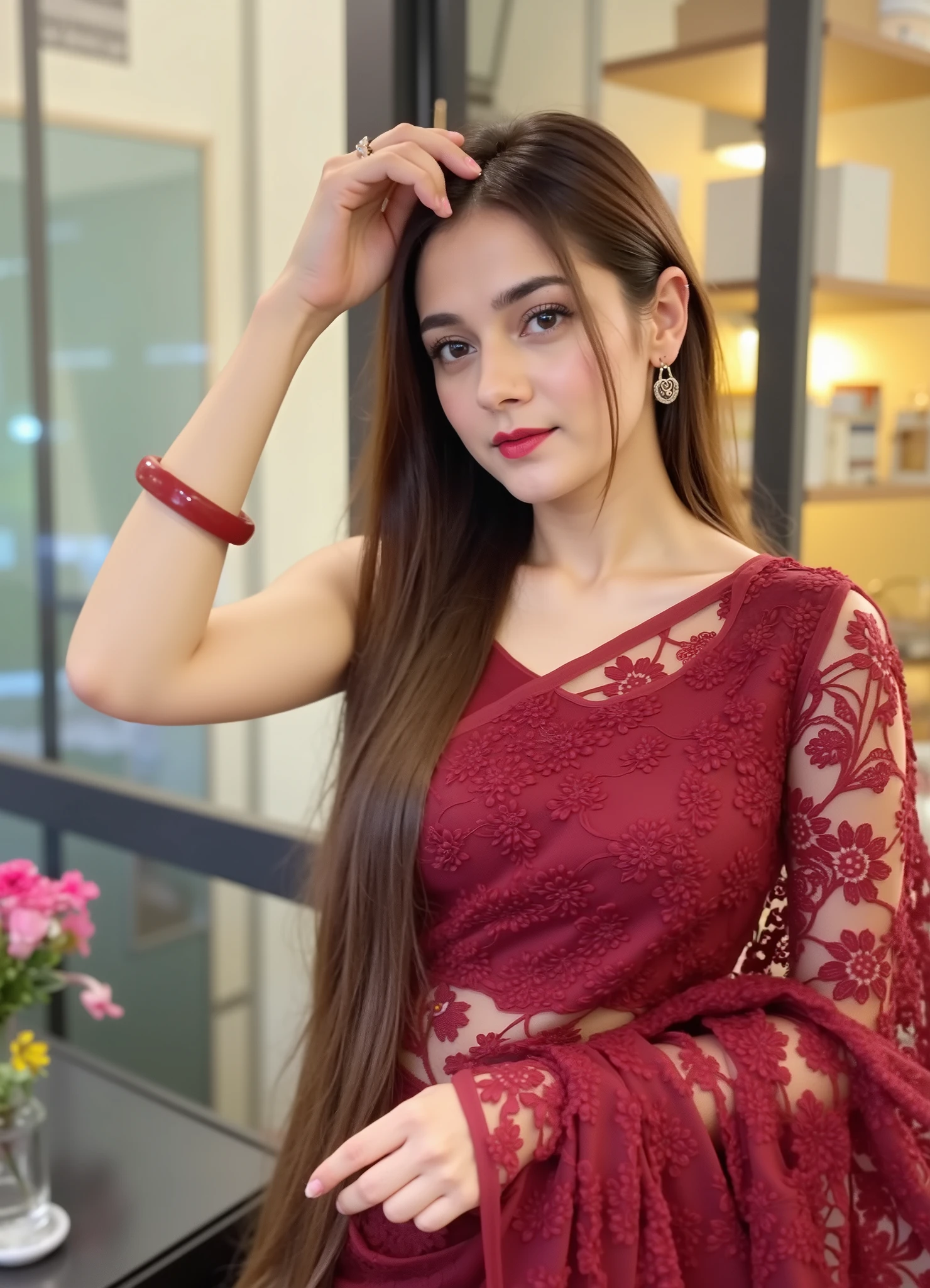 A woman with long, straight brown hair is wearing a deep red, sheer lace saree with intricate floral patterns. The saree has a delicate, elegant design, draping gracefully over her shoulder and arm. She accessorizes with a red bangle on her wrist and a thin red bracelet, complementing the color of her outfit. Her hand is raised to her head, gently touching her hair, while the other hand rests lightly by her side. The background appears to be an indoor setting with soft lighting, possibly a café or a restaurant, with blurred elements like tables and glass windows. The overall mood of the image is poised and sophisticated, with a focus on traditional attire and subtle elegance.