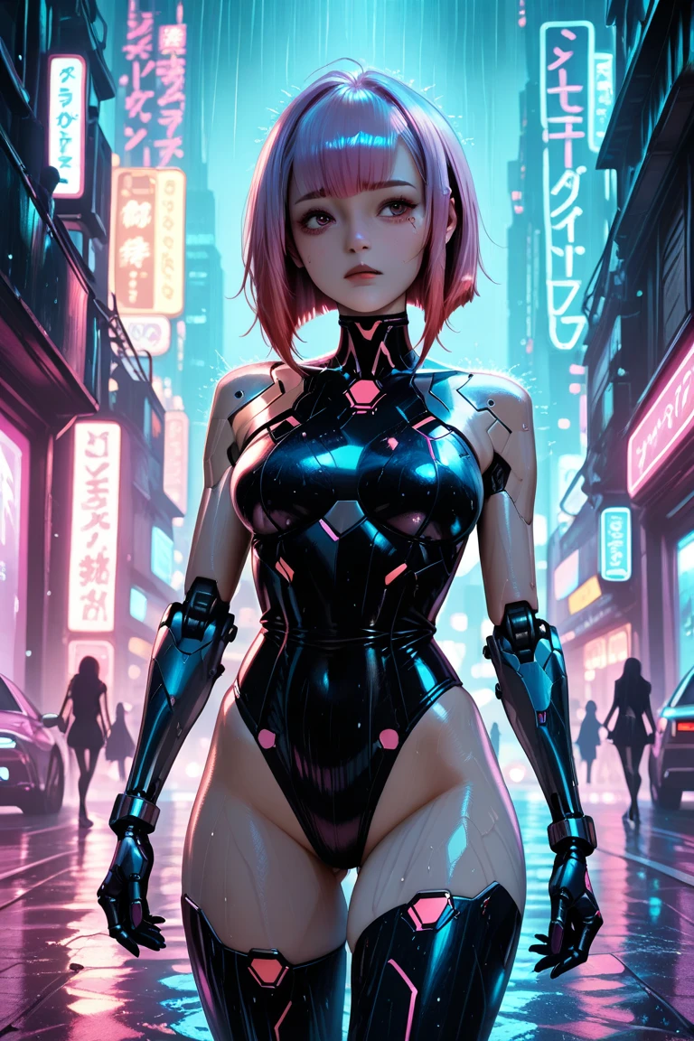 a female cyborg,doujin,hentai,kawaii,stylish,pussy,busty,pink pubic hair,glamour,pink color tone,psychedelic costume,armored,A Cyberpunk dystopian girl,fantasic dystopia,dystopian scape,bladerunner,ghost in the shell,photorealistic,psychedelic colourful tone,posing,armed,guns,weapons,masterpiece,detailed,8k
