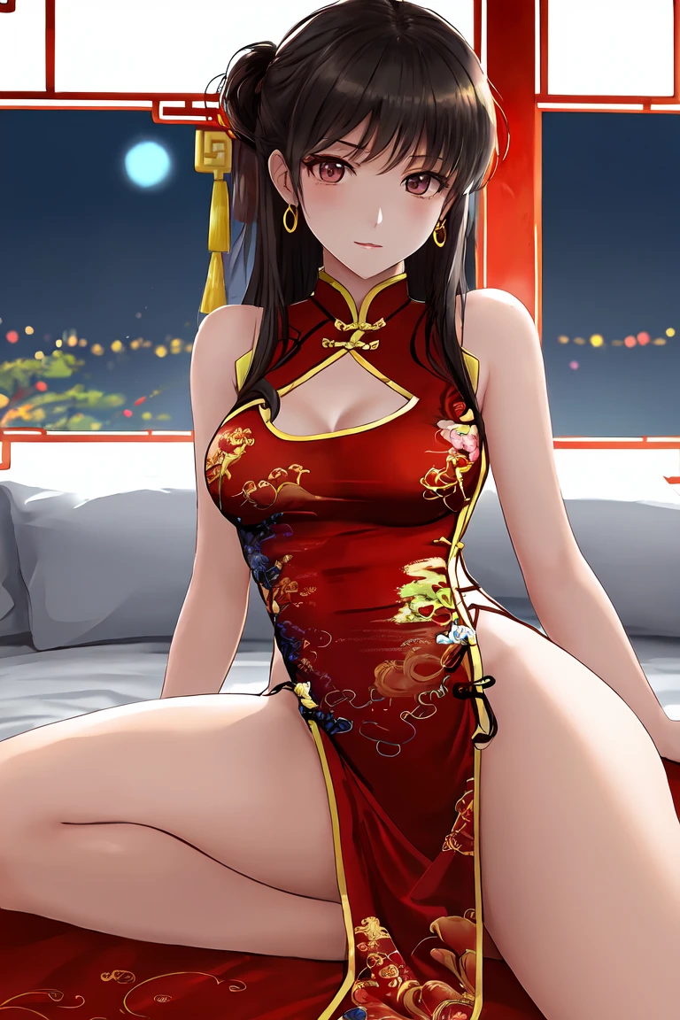 high resolution, adult woman , good lighting, despicable, , (no nudity), (((chinese dress))), (()), ((())), (garter belt), just abdomen, (), , cute face, yo'I'm embarrassed and blushed, humiliating, ((Turn around and look back)), ((transparentes))()(T-back)(a large amount is in the body,)