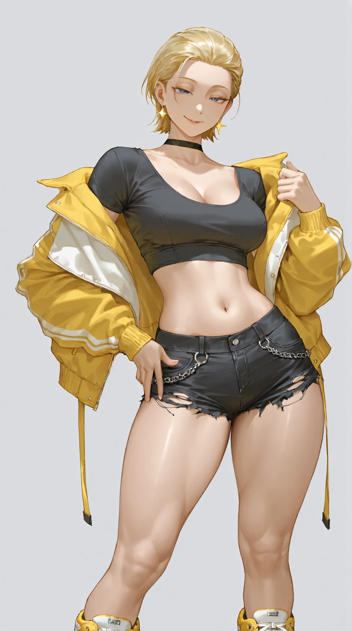 1girl, spiked hair, very short hair, yellow eyes, tan, tan skin, tan-skinned female, black hair, tomboy, pixie cut, large breasts, hourglass figure, thick thighs, smile, smirk, smug, toned, white shirt, jacket, sneakers, black jacket, shirt, short pants, shorts, fingerless gloves,