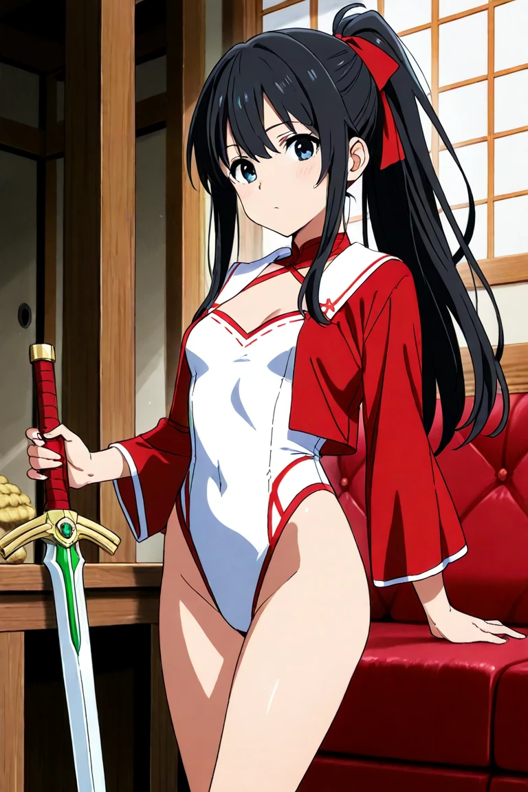 1girl, solo, black hair, long hair, purple eyes, hime cut, headband, japanese clothes, miko, sideboob, long sleeves, detached sleeves, bare shoulders, bare legs, thighhighs, pelvic curtain, blushing, hand on hair, outoors, japanese shrine, anime screencap, sitting, looking to the side, blushing, embarrassed, spread legs, fundoshi <lora:Tomoe XL:1>, score_9, score_8_up, score_7_up, score_6_up, score_5_up, score_4_up, BREAK source_anime, masterpiece