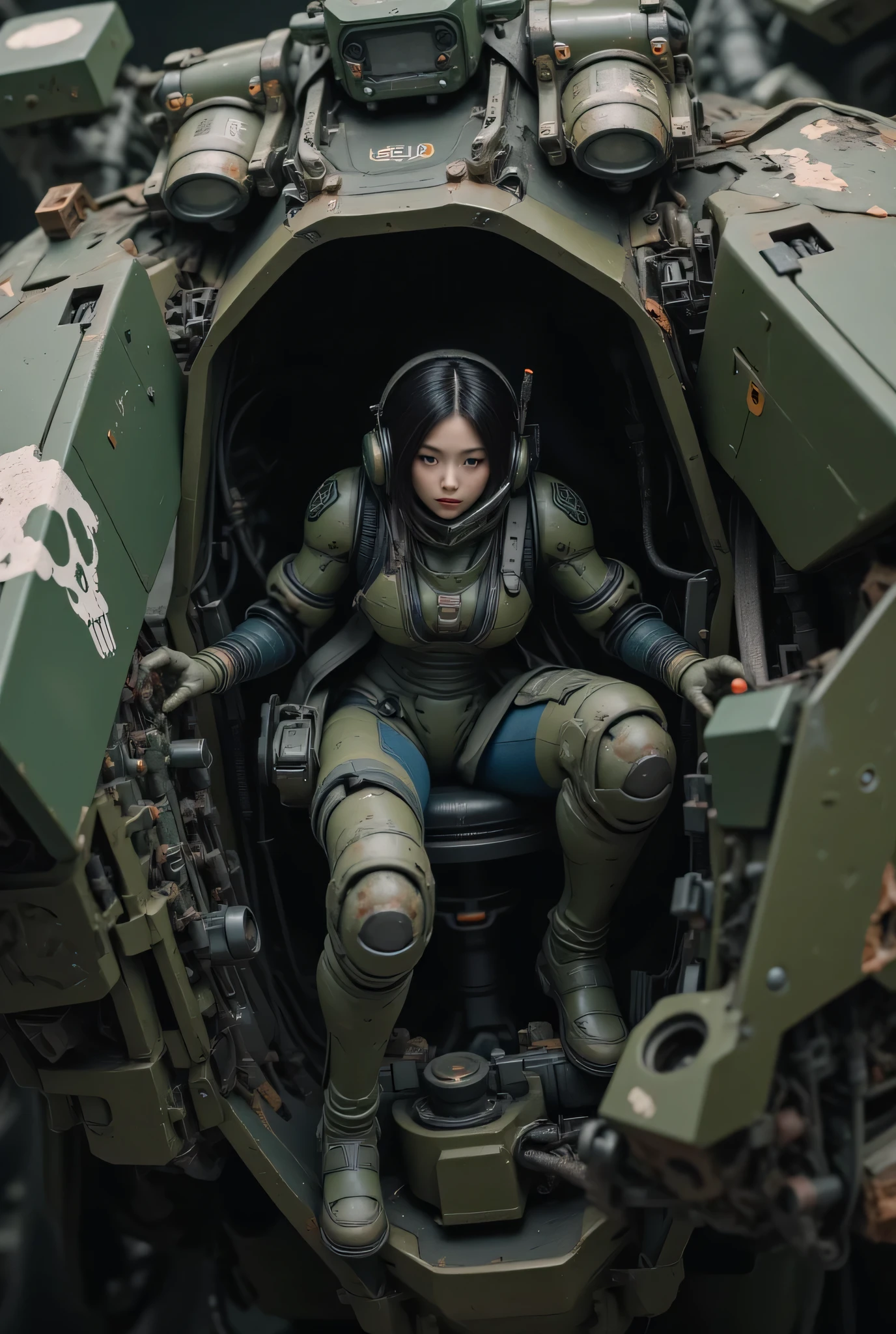 8k,Realistic Skin Texture、Superrealism、Realistic Photo、Near-future軍所属の日系女性パイロットが大型ロボットのコックピットに乗っている、Damaged moss green battle armor robot、Skull mark painted on armor、Near-future、Painting of the unit and identification number、Peeling paint、Oil stains、Detailed Description、Dynamic pose、Armored Core