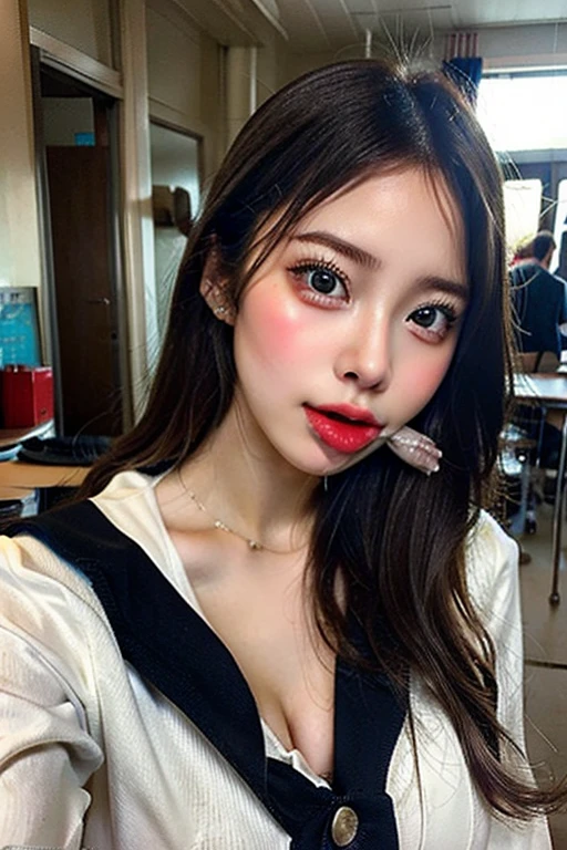 raw photo , 8K, ultra detailed, (realistic:1.2), (film grain:0.0), masterpiece, (1girl, open mouth:1.3), (school uniform, sleeveless), (sexy:1.5), (punch perm, long hair), (red lips),(white room),(close up),(fisheye:1.6)
