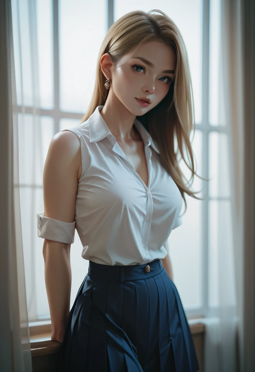 1 European and American cat girl beauties:Imperial sister,Beauty model,White see-through shirt uniform(Short to the waist),Black lace underwear partially exposed,Expose her belly,Black hip-wrap skirt(bib),Hot and sexy body,long, floated hair,Wear black stockings,Thin limbs,Snow-white skin,There is light in the eyes,Melon seed face,fiery red lips,Make provocative and seductive gestures,curlies,Lean against the window,Blonde hair,enchanting,Blue pupil,domineering side leak,二重まぶた,Large breasts,It has cat ears on its head,There are nine cat tails on the butt