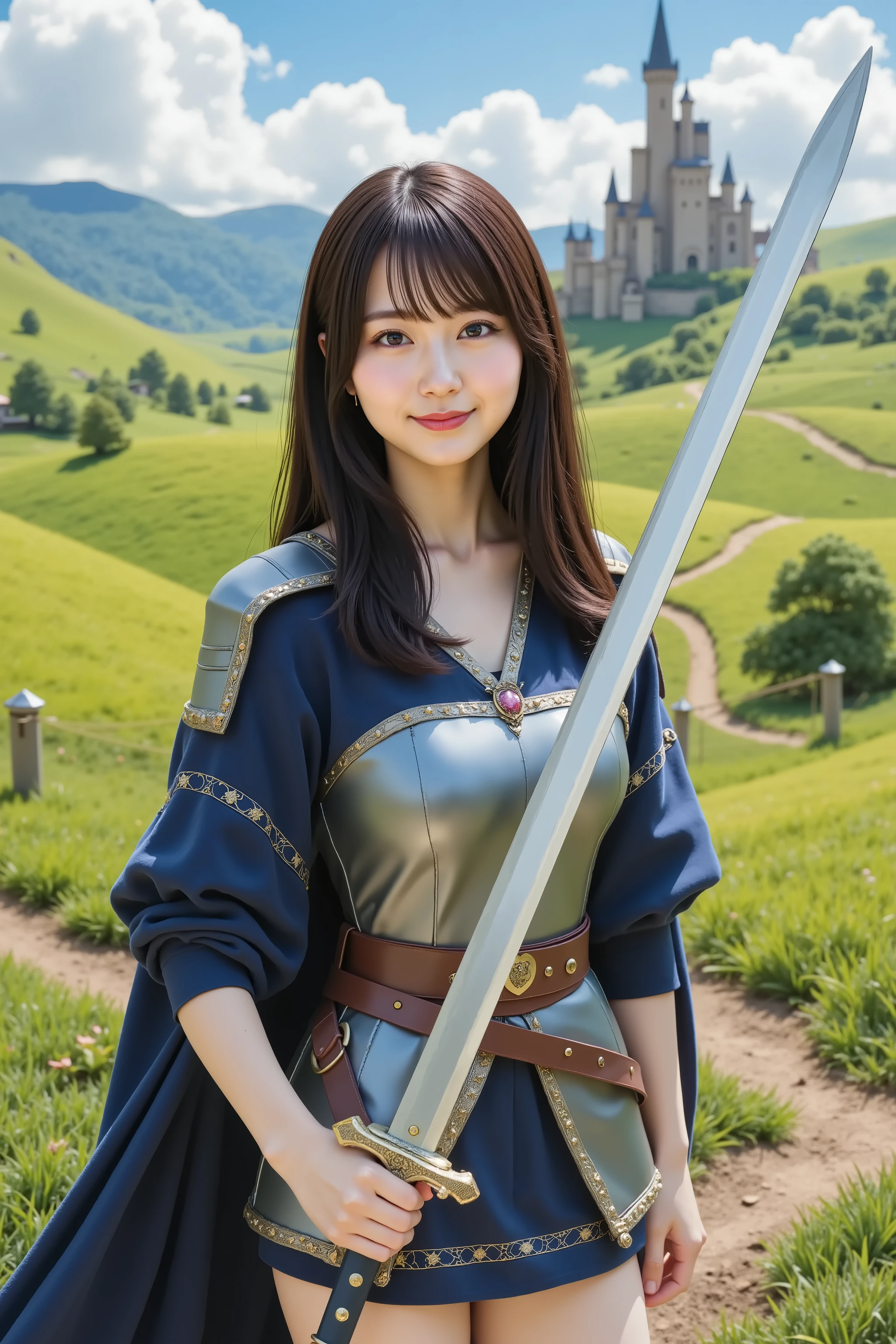 A highly detailed, ultra-realistic digital illustration of a beautiful young Asian female swordsman standing proudly in an expansive, lush green field inspired by classic fantasy RPGs. She is captured in a medium close-up shot, ensuring her entire head is visible with appropriate headroom while focusing on her from the thighs up. Her long, flowing black hair cascades down her back in soft waves, with delicate bangs framing her determined yet gentle face. Her deep, expressive eyes convey both courage and a sense of adventure, while her lips curl into a confident yet warm smile.

She wears an elegant yet battle-ready swordsman’s outfit, consisting of a fitted blue and silver tunic with gold embroidery, layered over a sturdy yet flexible set of leather and metal armor plates. A dark blue cape flows behind her, slightly lifted by the breeze, adding to her heroic presence. Her hands are clad in fingerless leather gloves, designed for both dexterity and protection. A wide belt with pouches and a sheath for her sword rests securely around her waist, completing her battle-ready ensemble.

She firmly grips a beautifully crafted longsword, its gleaming silver blade reflecting the sunlight. The hilt is intricately designed with golden accents, and the grip is wrapped in fine leather, ensuring a perfect hold. The blade rests slightly tilted to her side, as if she is prepared for battle but at ease in the moment.

The background showcases a vibrant, open field reminiscent of classic RPG settings, such as Dragon Quest, with rolling green hills stretching far into the horizon. The sky is a brilliant blue, dotted with fluffy white clouds. In the distance, a few scattered medieval-style buildings and a towering castle can be seen, hinting at a nearby town or kingdom. A dirt path winds through the field, leading toward adventure. Colorful slimes and small fantasy creatures can be spotted frolicking in the distance, adding a whimsical, game-like charm to the scene.

The composition is