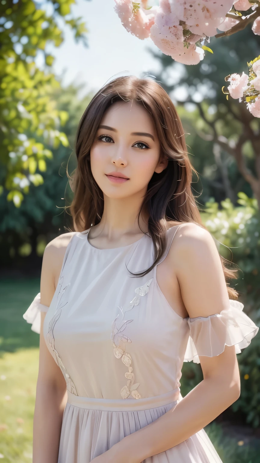 best quality, masterpiece, 4k, uncensored, prefect lighting, rating_explicit, very aesthetic, 
1girl, solo, curly hair, messy hair, long hair, looking at viewer, brown hair, black hair, dress, holding, upper body, flower, short sleeves, outdoors, white dress, lips, rose, leaf, pink flower, realistic, basket, Detailed, unique, trendy, professional