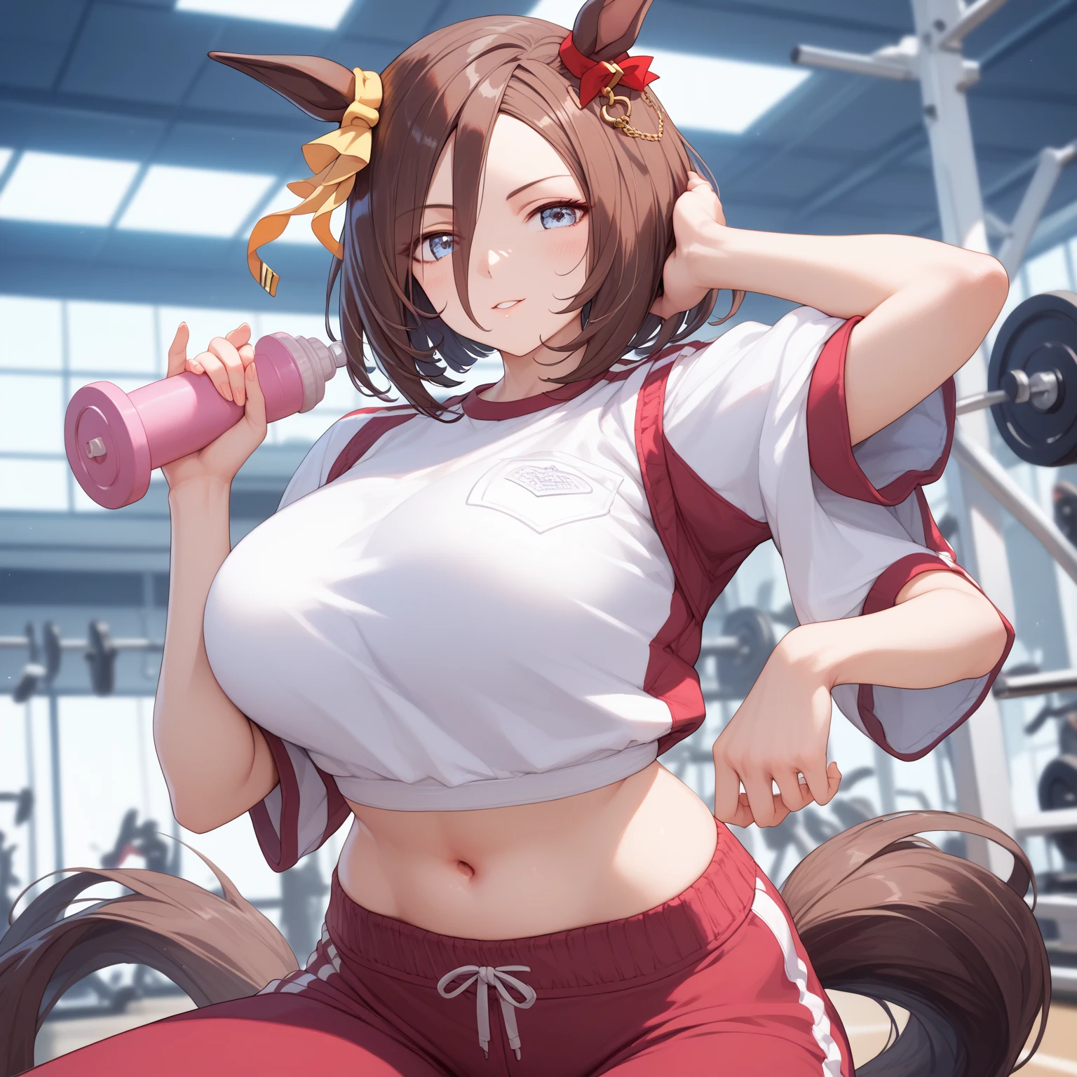 (highres, best quality:1.2), intricate details, vibrant image, sharpness, colorful, SekhmetDeath, solo, mature female, sport clothes, animal ears, gym, lifting, sweat, determined, focused expression <lora:Sekhmet-10:0.9>