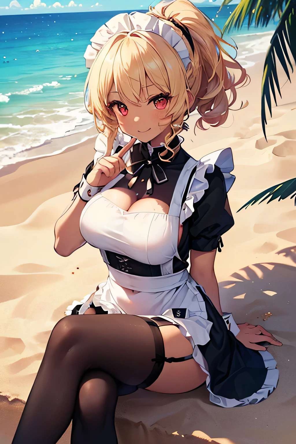 (Highest quality:1.5, High resolution, 超High resolution, 4K, Detailed lighting, Shaders), Blonde ponytail, Large Breasts, Sunburned skin, bikini, Thighs, (throw, Close-up shot), necklace, White Background、((Highest quality、High resolution))、Portraiture、Perfect body、Beautiful and bountiful breasts、Sexually excited expression、((throw、maid shows pussy))、Love Juice、I'm inviting you to have sex