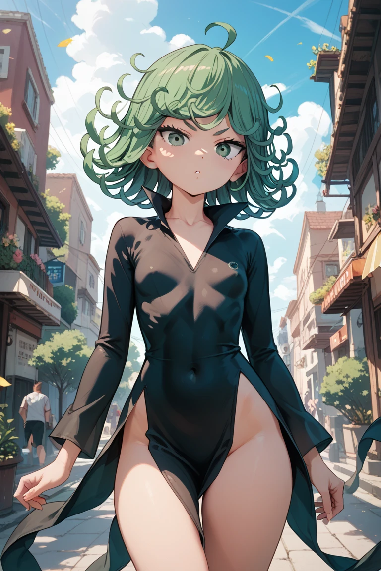 1 naked girl on raincoat,arms up,nsfw,silver hair,green eyes,city,mainstreet,crowded,nipples,smile,