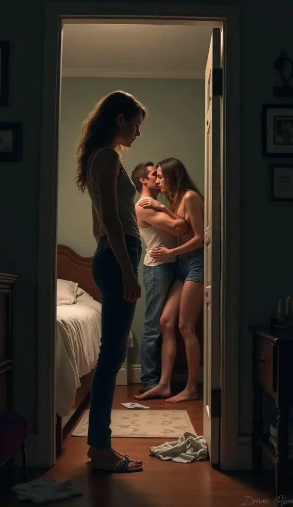 A man dressed casually, He enters his wife's room, a beautiful young blonde european woman, and notices that she is lying face down on the floor , When he turns around there is another naked woman identical to his wife standing motionless at the door ,Hyper-realistic image quality