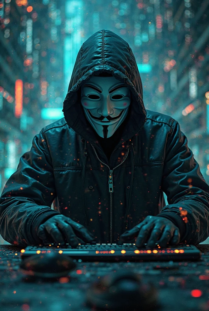 hacker wearing guy Fawkes masks gaming logo
