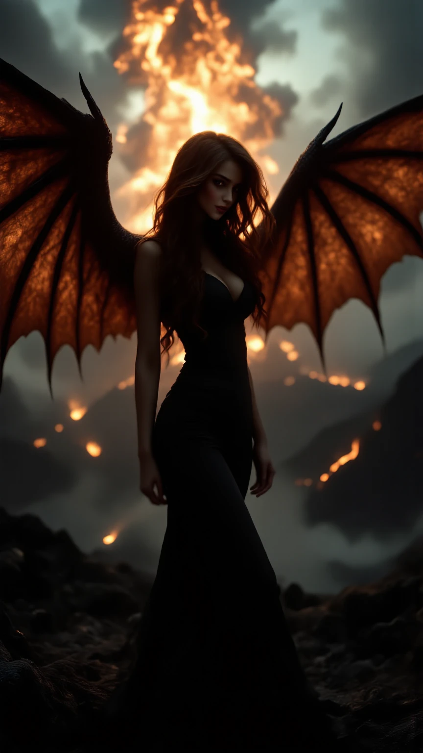 A hyper realistic, photo real, a beautiful korean girl, red lazer eyes, red long wavy hair, messy windy hair, front view, flying in the air in the dark forest, wearing black mini nightgown, bare feet, transparent dress, low cut, open wide arms, she has big black demon wings on her back, detailed wings feather, blured background, some ray of light from the tree behind, orange red backlighting, dramatic lighting, some fire and smoke flying surround it, very dark forest, dark fantasy concept, front view, sharp eyes to the viewer, angry face, she has red sharp nails on her fingers, red lips