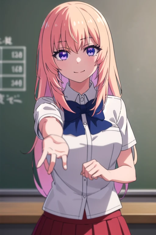 1girl,kitagawa marin,smile,(blonde hair:1.2),solo,shirt,choker,necktie,long hair,red eyes,jewelry,looking at viewer,,grin,(white shirt:1.2),earrings,black choker,bag,ear piercing,blush,piercing,bangs,blurry background,collared shirt,school bag,blurry,upper body,multicolored hair,nail polish,sparkle,long fingernails,fingernails,v,pink nails,selfie,gyaru,fake nails,small_breasts,sleeves rolled up,barbell piercing,black necktie,gradient hair,teeth,lace choker,collarbone,pocket,blue necktie,reaching towards viewer,long sleeves,(Five fingers:1.5),(fingers of detail:1.5),victory,best quality, extremely detailed, (illustration:1.2), high-resolution, 8k cg wallpaper, stunning art, (perfect lifted own skirt by self:1.3), line up show thighs completely, bare all navel, shiny eyes, very lovingly face, shy, (blush:1.2), , face to face, in the classroom, cowboy shot, front view, straight view, (all girls perfect show own pink panties completely:1.3)