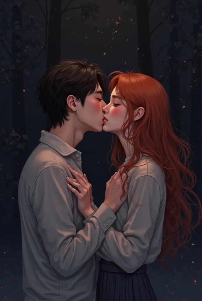 red-haired woman age 35 kissing us unintentionally a young man with 18 dark brown hair both are shirtless