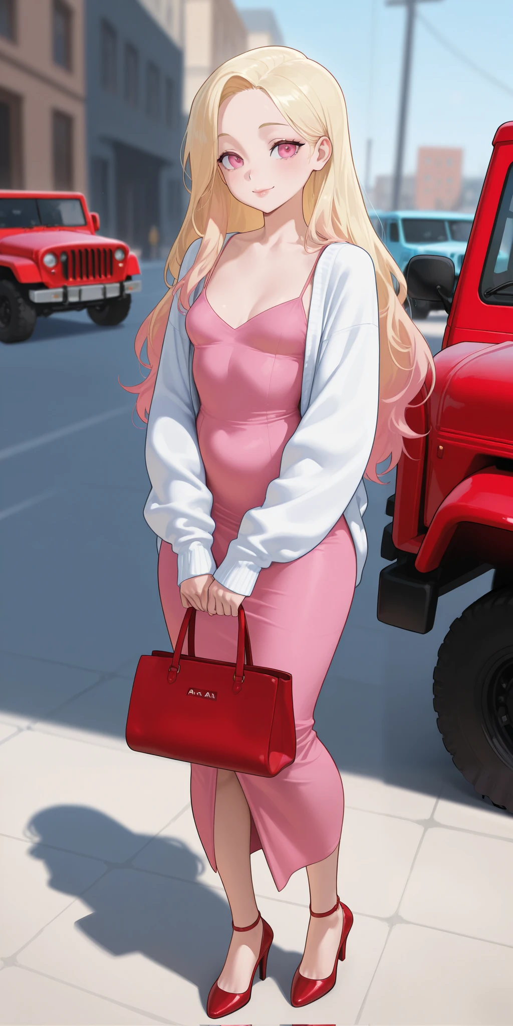 An extremely beautiful woman with blonde hair, extremely fair white natural glowy skin, big pink eyes, big plump round fat red glossy lips, medium-sized small breasts, an extremely small waist, and a perfect slim thin slender body. She's only wearing a long pink dress with spaghetti straps, a white front-open sweater with long sleeves over the dress, and brown heels. She's standing straight, kind smiling, mouth closed, carrying a purse, and a big red jeep in the background. Show her full body.