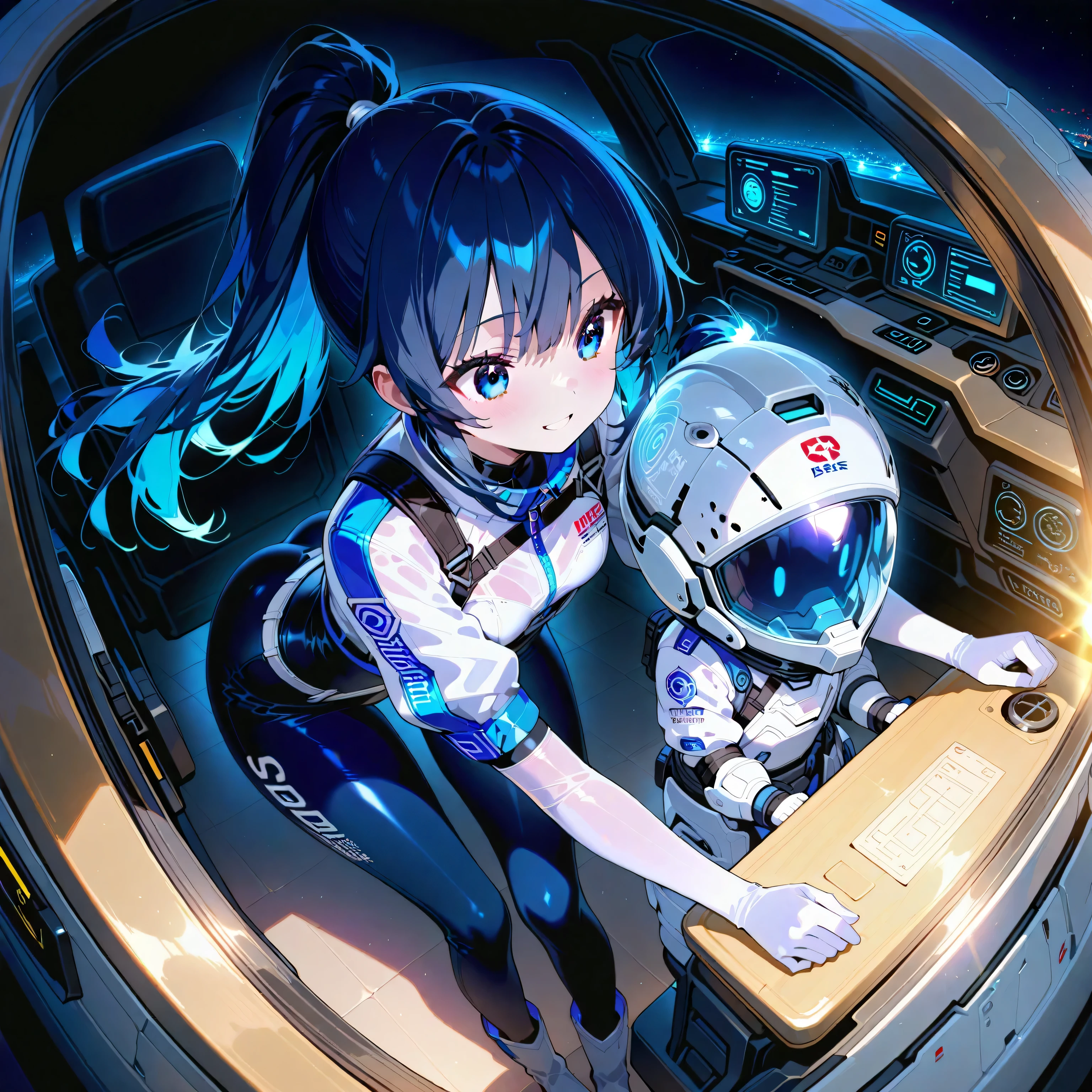 (( holographic glossy effect)),(masterpiece、top quality、highest resolution、 clear _ images、 Detailed Details 、 The angle is from above ): (solo、one girl、the face of Japan、high ponytail、Dark Blue Haired Girl 、small breasts in Mbini、(perfect body:1.4)、 sparkling blue eyes 、( White and Navy Shiny Clothes 、White and navy bodysuit、 White and Navy Blue Tight Clothes 、 Wear White and Navy Full Coverage 、 White and Navy Thigh Covering Pants 、White and Navy Shoulder Cover Outfits、 White and Navy Cropped Jacket 、 White and Navy Shiny Clothes 、 dark blue tight-fit pants that hide legs 、 hide skin 、Armor to hide the chest、Biological Amplifiers, Refined Armor, Refined futuristic wartime helmet, )、is very delicate and beautiful、detailed skins、slender body、exoskeleton、cute、kind smile、soft expression、 hero ine、White and navy long boots、 elbow length gloves )、Mscockpit,cockpit,fantasy,Romance,Action,sci-fi,TEEROR,comics,nfws, hero ,Mecha,Mechanical,Machine,cartoon,Polished floor