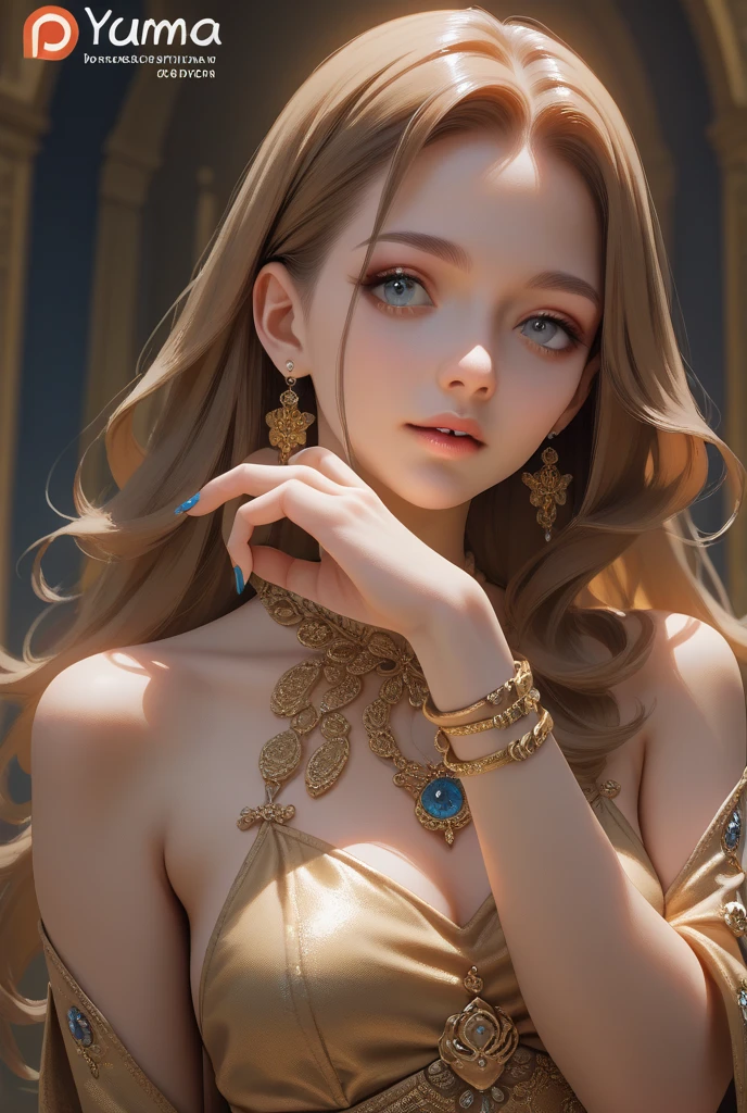 (Photorealistic:1.5),((Detailed beautiful face, detailed beautiful wide eyes)),((masterpiece,ultra high quality, ultra high resolution:1.2)),((realistic skin, very detailed details:1.2)),(unity 16K wallpaper:1.1),(HD quality,HDR),((The style of a surrealist painter, a masterpiece of ultra-realistic portraits, an epic work of a photography expert)),((nikon d750 f/1.4 55mm)),((dynamic angle,professional lighting, physically-based rendering)),((Bright colors)),((Portrait)),((Venus of the East)),ultra detailed 8k cg,intricate detail,delicate patern,wearing an expensive crown,jewelry,gem,gold,golden,gold theme,shiny,glint,sparkle,blonde hair,yellow cloak,Gorgeous gold ornaments, intricate details,ornate jewelry accessories,Gorgeous fringe, intricate details,Various gemstones:1.2),rich,prestige,gothic architecture,(topless:1.1),big breasts