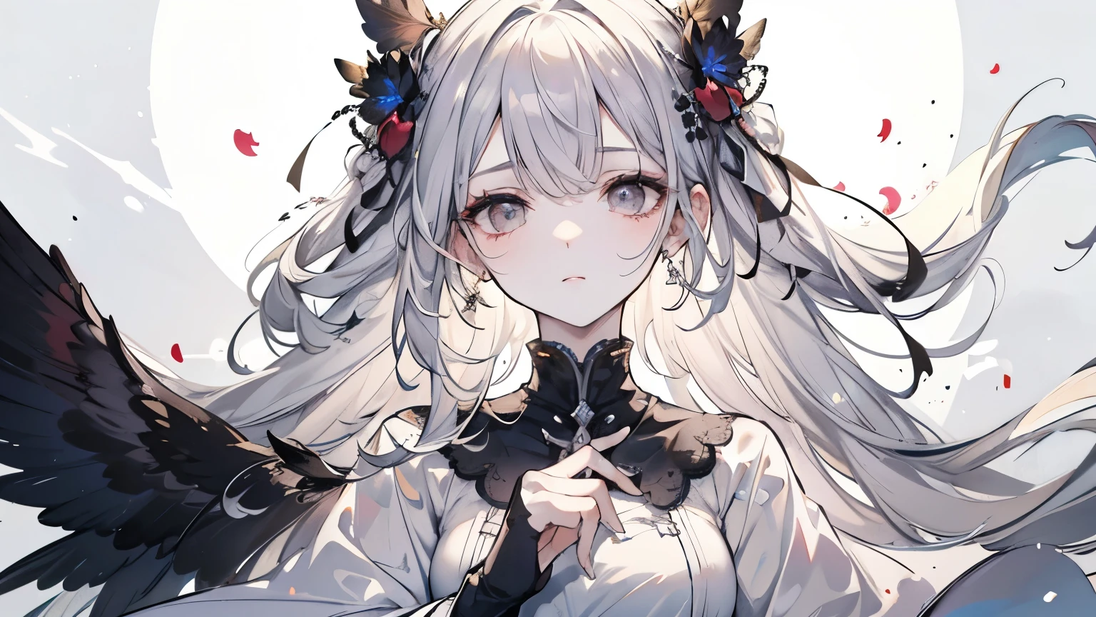 ((of the best quality)), ((masterpiece)), ( details), completely complete, White silver hair, very long hair, dark eyes, long white dress, sad face