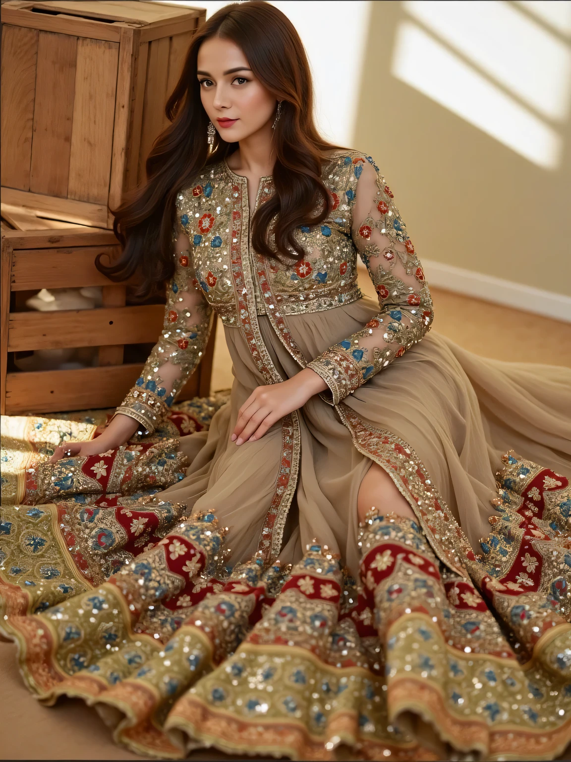 A woman with long, wavy brown hair is seated on the floor, wearing an intricately embroidered traditional outfit in shades of beige, gold, and deep red. The dress features a sheer, shimmering fabric with detailed floral patterns, adorned with gold and red embroidery, and a heavily embellished border with blue accents. The long sleeves and the flowing skirt of the outfit are decorated with delicate sequins and intricate designs, giving it a regal and festive appearance. She accessorizes with a gold bracelet on her wrist and large, dangling earrings. Her hand rests gently on her lap, and she leans slightly against a wooden crate in the background. The setting appears to be indoors with a soft, warm-toned backdrop, possibly a studio or a decorated room, enhancing the luxurious and elegant vibe of the scene.