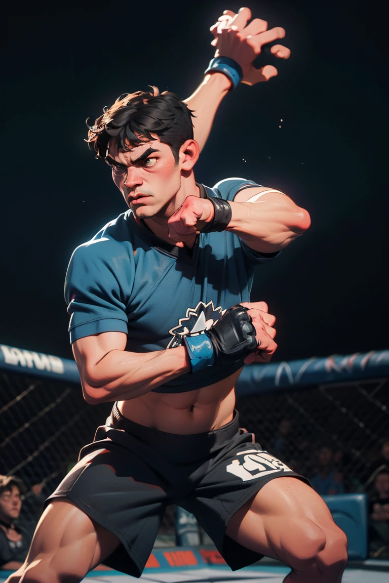 A captivating poster. The composition exudes cinematic lighting and color grading. A boxer in an octagon, young man in boxing gloves, with a tired expression. A a bright and hopeful atmosphere Aa picture with the following color palettes, #23101C, #772B32, #835C97, #9291A3, #FA7322. Cinematic, 8k, 3D pixar style, high quality