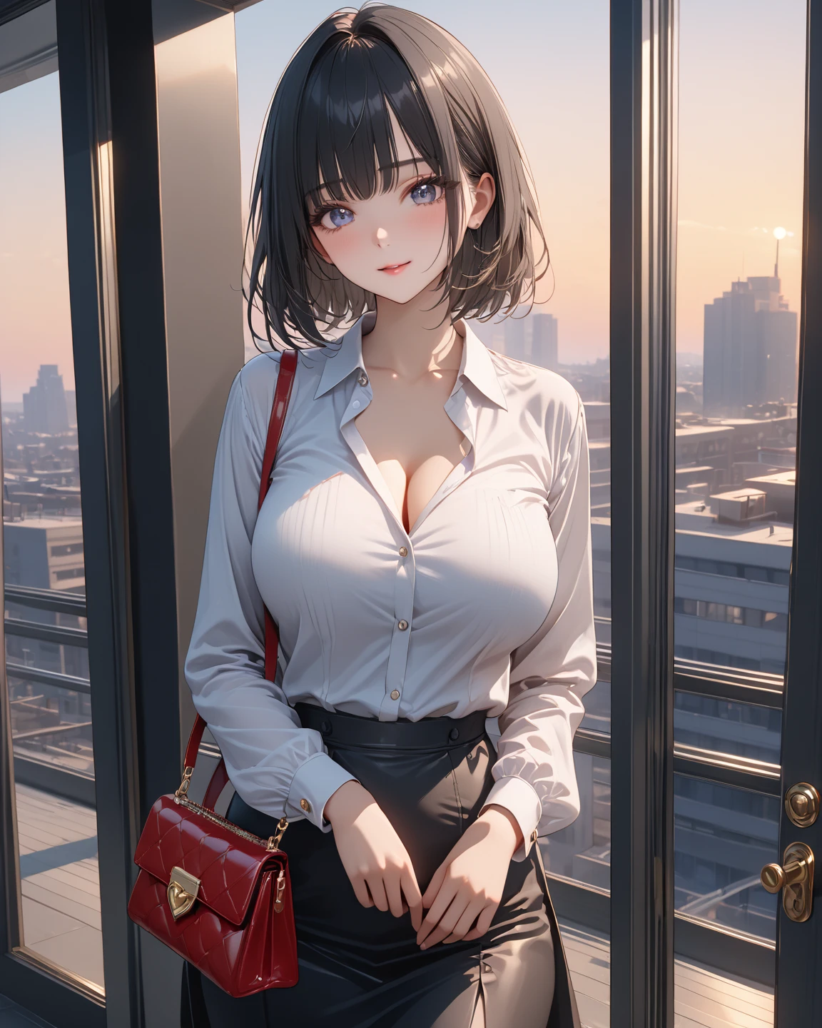 (add_detail:1.4), (more_details:1.2), (((1girl))), soft features, perfect detailed, Beautiful detailed, natural lighting, perfect lighting, perfect hands, perfect fingers, perfect anatomy, (white:1.4), ((realistic)),((realistic photo)),(((real face))),(((((perfect detailed face))))),(symmetrical eyes),depth of field,((masterpiece)),((best quality)),(8k quality), 1girl, solo, cowboy shot, busty office lady, young honest career woman, age 22-25, gleaming pale skin, white skin like a snow, very slim toned body, model-like figure, perfect feminine body, gigantic breasts, cleavage, too thin waist, beautiful toned berry, firm small tight hip, very long too thin legs, short black hair, shiny hair, cute and beautiful face, kawaii, cool beauty, long eyelashes, eye line, jewelry brown eyes, gorgeous light pink lip, parted lips, slightly open mouth, light pink cheek, light smile, ((looking at viewer)), silver earrings, business suits, white open chest cutsaw, business jacket, wrap hip miniskirt, in modern office building, bright lighting,,Low Angle 05
