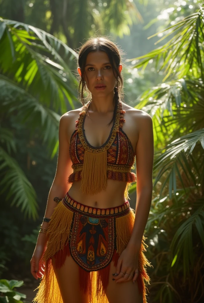 High resolution ultra detailed photography of a native American European multiracial 40 year old woman, woman has a tall body and long legs and a curvy figure, the woman's hairstyle is three long braids and the sides of the head are shaved bald, hair color is black and orange, clothing is a Maxi corset dress made of silk and lace fabric embroidered with many tribal symbols, model pose is dancing, standing frontally to the camera looking into the camera, photo background is a forest at night with glowing lights, big and lots of tribal tattoos, Model pose full body pose dancing frontally into the camera, looking directly into the camera