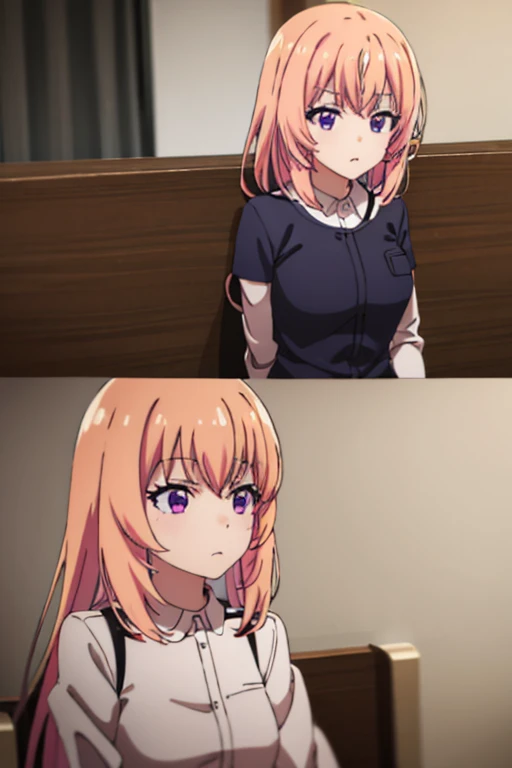 best quality, masterpiece, highres, solo, {iijima_yun_newgame:1.15}, blonde_hair, short_hair, blush, two_side_up, ribbon, bangs, hair_ribbon, 1girl, anime_coloring, hair_bow, bow, closed_mouth, shirt, white_shirt, frown, looking_at_viewer, red_eyes