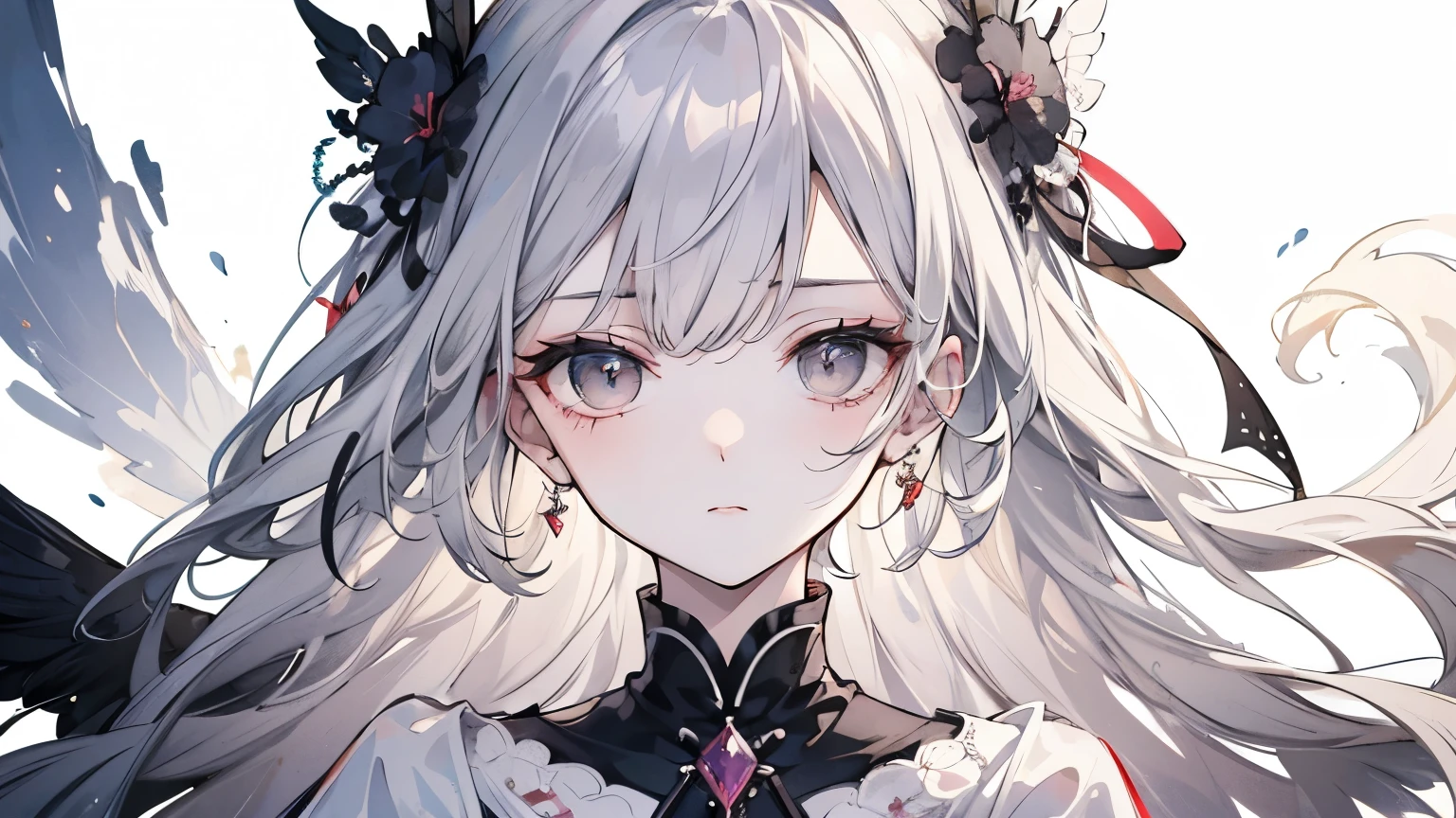 ((of the best quality)), ((masterpiece)), ( details), completely complete, White silver hair, very long hair, dark eyes, long white dress, sad face