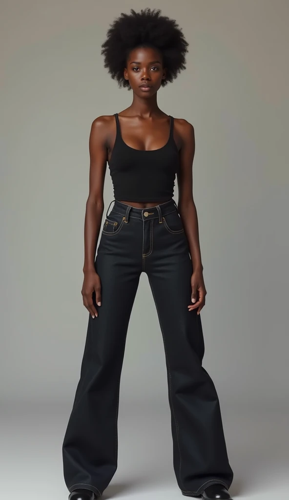 Girl: Age: 23 Height: 175 cm Nationality: African American 1. Face: Face shape: Oval face with dark skin of a warm chocolate tone. Eyes: Large brown eyes with long lashes. The gaze is soft and calm. Lips: Full, expressive lips of a natural dark pink color, with a slight smile. Nose: Straight nose with rounded nostrils, of neat shape. Hair: Medium length, white in color, straight with a slight wave.The skin is natural, without shine, matte, with barely noticeable hairs 2. Figure: Body type: Average height with a feminine figure and smooth curves. The waist is well-defined, hips are rounded, creating an hourglass silhouette. Breasts: Size 3, natural shape. Shoulders: Slightly sloped, giving the figure a softer appearance. Legs: Slim, long legs with toned muscles. 3. Clothing: Top: White cropped shirt. Bottom: Black oversized jeans. Shoes: High white sneakers. 4. Pose: Dynamic pose. 5. Location: Background: Gray brick wall on a street. Lighting: natural light. Details: Some bricks are broken. Mood: Cozy and calm atmosphere, the girl appears relaxed and enjoying solitude