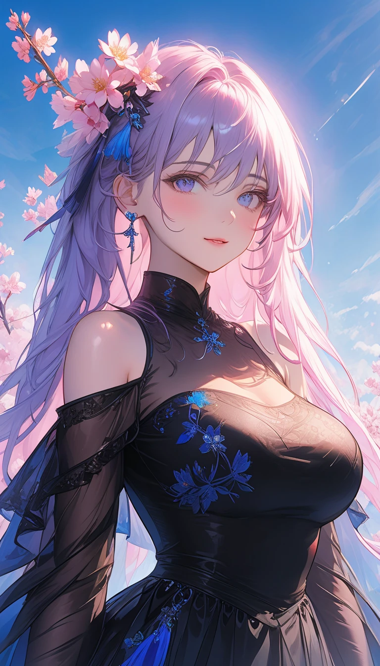 A fantastical scene, beautifully detailed bust shots, a woman, colorful delicate eyes and flowing complex bra, surrounded by floral meadows, sky full of pink and purple tones, flying petals, moonlight, soft light, smile, white hair flowing, depth of composition, exquisite and meticulous, magical and charming atmosphere,
Works of art by the Coen brothers,
(Shot on a Canon 1DX Mark II using a Canon 500mm lens, 1/320th, f/4, ISO 800),
 [(white background: 1.5), ::5] hexagon,