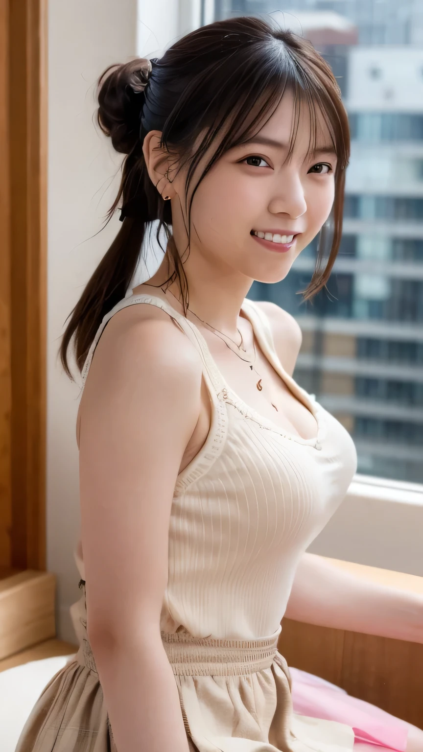 Best quality, masterpiece, ultra high res,(photorealistic:1.4), (raw photo:1.2), (sit on chair:1.2), (detailed buttocks:1.1), in restaurant,half_smile, detailed eyes, (looking at viewer:1.2), (Gray casual clothes), (casual pants:1.2), (beautiful face:1.2), (french twist:1.2), massive tits, a girl, 18 years old, deep shadow, dark theme, heart tatoo on neck, earring, cute necklace