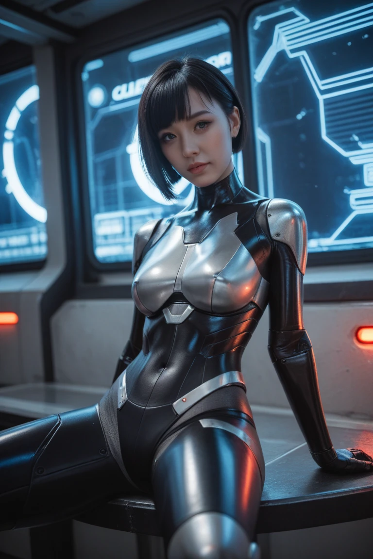 8k, Ultra-high resolution, best quality, masterpiece, 三分割法によるphoto,Surrealism, photo, 1 girl,LD:1.3), pretty girl, cute face, 每個細節都beauty的眼睛, 細かくdetailedに,masterpiece,a girl:1.2, Japanese female announcer,whole body,From above,furious,black hair,bangs bob,Cyber city in sci-fi worLD,((Drive a combat machine)), (((future combat uniform))), Shiny clothes, Skinny、girl alone,Beautiful leg line beauty,Realistic skin, 完美而beauty的臉 ,完璧でcute face, Skin with attention to detail, Perfect limbs、Willow Waist、thin legs),looking at the audience、beauty,long neck、(((ideal body shape))),Small breasts of one cup size :2,Portrait:2,perfect anatomy,鮮明なdetailed,detailed,Surrealism,light and shadow,dark