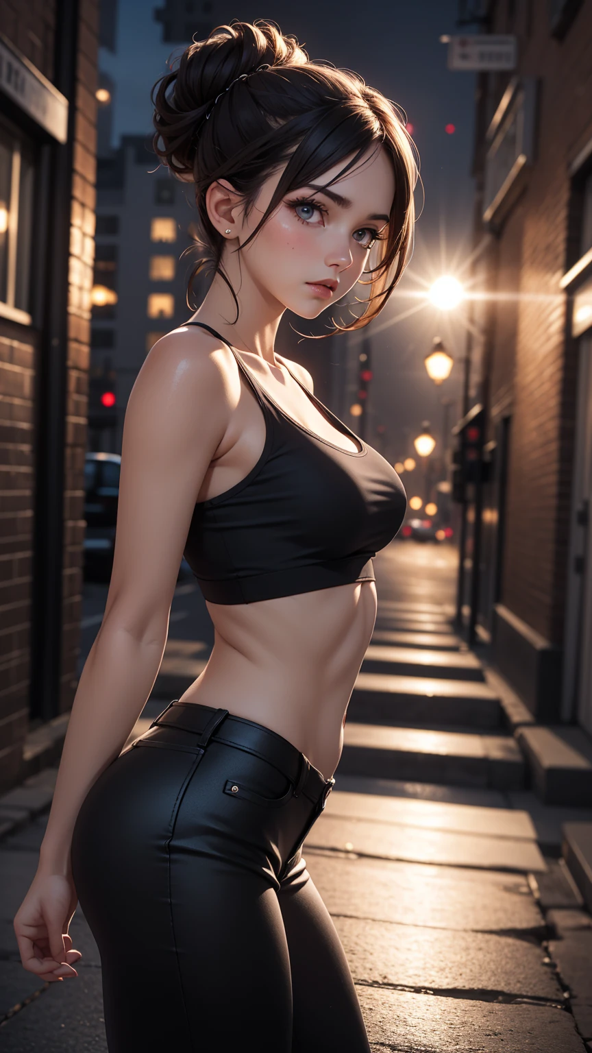 (((professional: step by step, considering even the smallest detail god level final result))): "Zettai Ryouiki, with medium light brown hair and two pigtails above her ears, 50% Revealing clothing, Show skin, ((Rave short shirt, very Low-cut shirt, Rave cowboy miniskirt, Visible thong straps)), (with a rave outfit:1.2, 30% Rave clothing), (Detailed outfit, Detailed clothing), (sexy walking pose), Solo focus, embarrassed, centered, Scale to fit dimensions, Rule of thirds, ((Night view)),(cyberpunk night street Background: 1.3, dark sky, alley, lonely alley, clouds thick, Background with intricate details), (Best quality),(high resolution),(Sharp focus),(full intricate details),(Very high quality artwork),(very fine 8K CG),((perfect piece) ), (((Masterpiece))), illustration, vibrant colors, high contrast, selective lighting, double exposure, HDR (high dynamic range), Post-processing, Background blur, transparent drees"