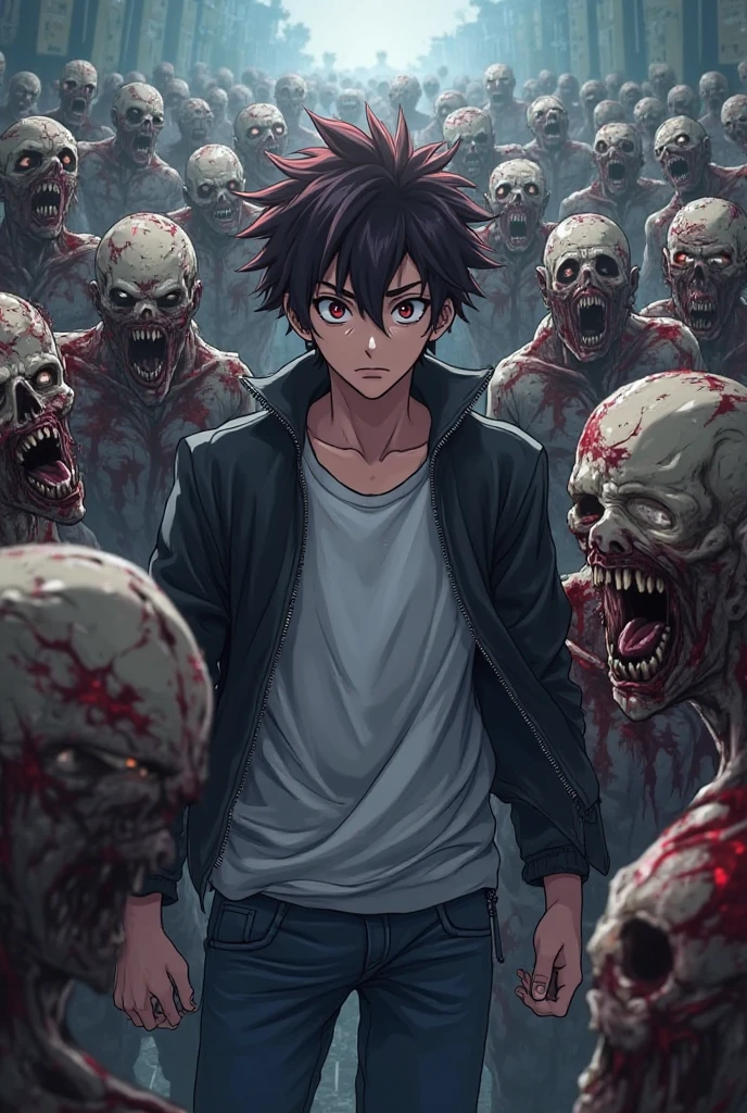 Normal school boy with three zombies chasing him and running for their lives