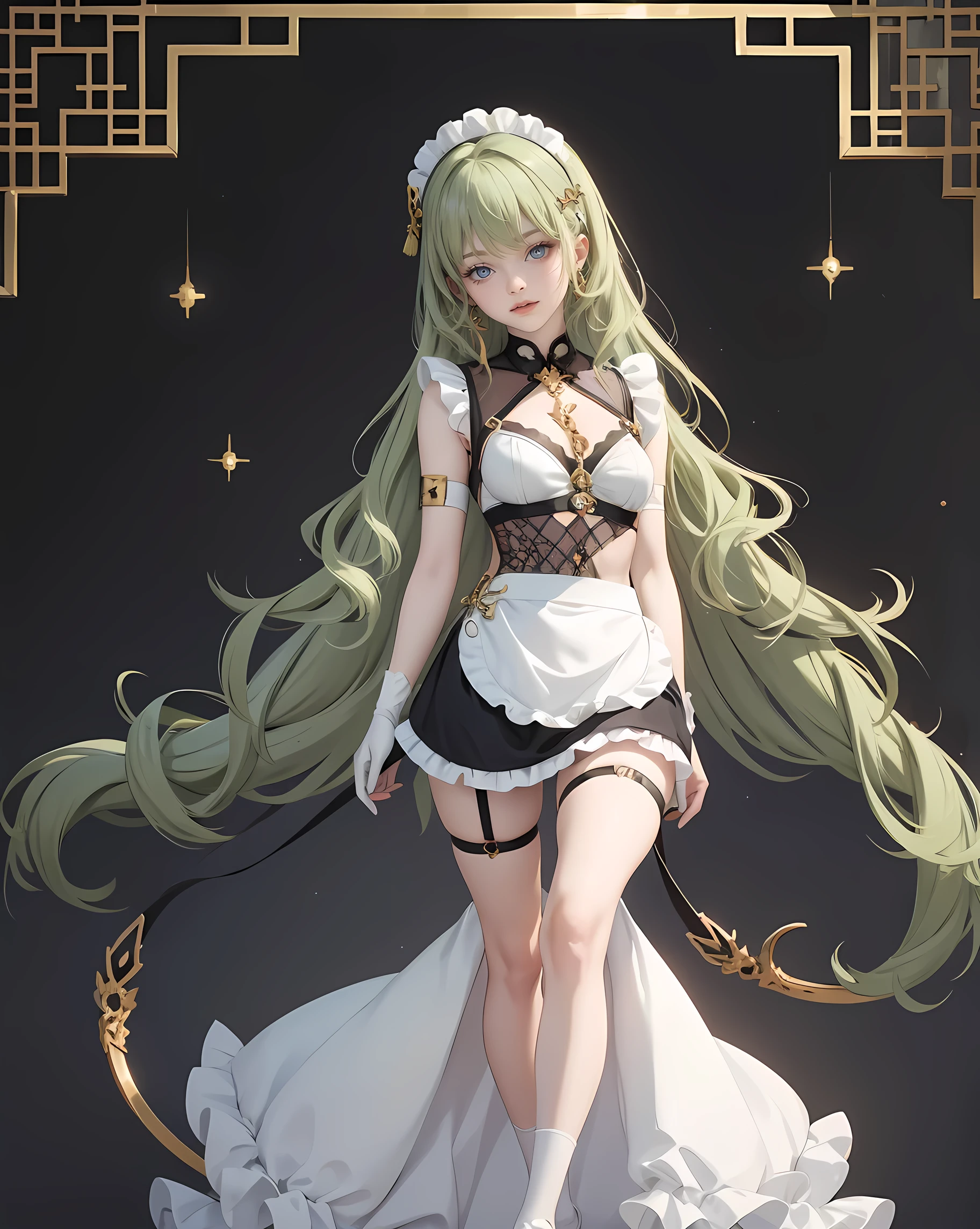1girl, green hair, harness, white cropped and skirt, chinese maid design, solo, buns hairstyle, symmetrical gloves, high socks, flare socks, white cropped, harness, chinese maid dress, v neckline, garter on the legs, stand up, white apron, maid dress, chinese maid, chinese aesthetic, thigh gap, tassel, harness, very long hair, solid background, chinese maid uniform, full body, too many frills in her dress, magical girl, perfect anatomy, gold jewelry, harness, jewelry, Cute pose, beautiful buns hairstyle, tassel, glow eyes, long hair with buns and bangs, high thigh, frills, harness, chinese maid uniform, chinese maid dress, white apron, garter on the legs, perfect legs, gold jewelry, solid background, stand up, blushing, maid headdress, chinese maid dress with too many frills, Chinese aesthetic, white skirt, flare skirt, harness, centered girls, perfectly body, glowing hair, magical girl, more details on her clothes, golden details on her dress, tassel