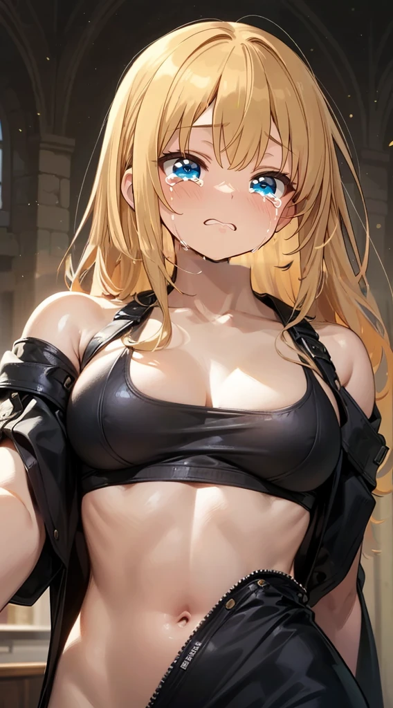 anime girl, abs, bare shoulders, biceps, blonde hair, braid, breasts, brown eyes, cleavage, dark-skinned female, dark skin, fingerless gloves, gloves, knee pads, long braid, long hair, looking at viewer, medium breasts, muscular, muscular female, navel, scar, solo, sports bra, standing, tan, thick thighs, thighs, toned, twin braids