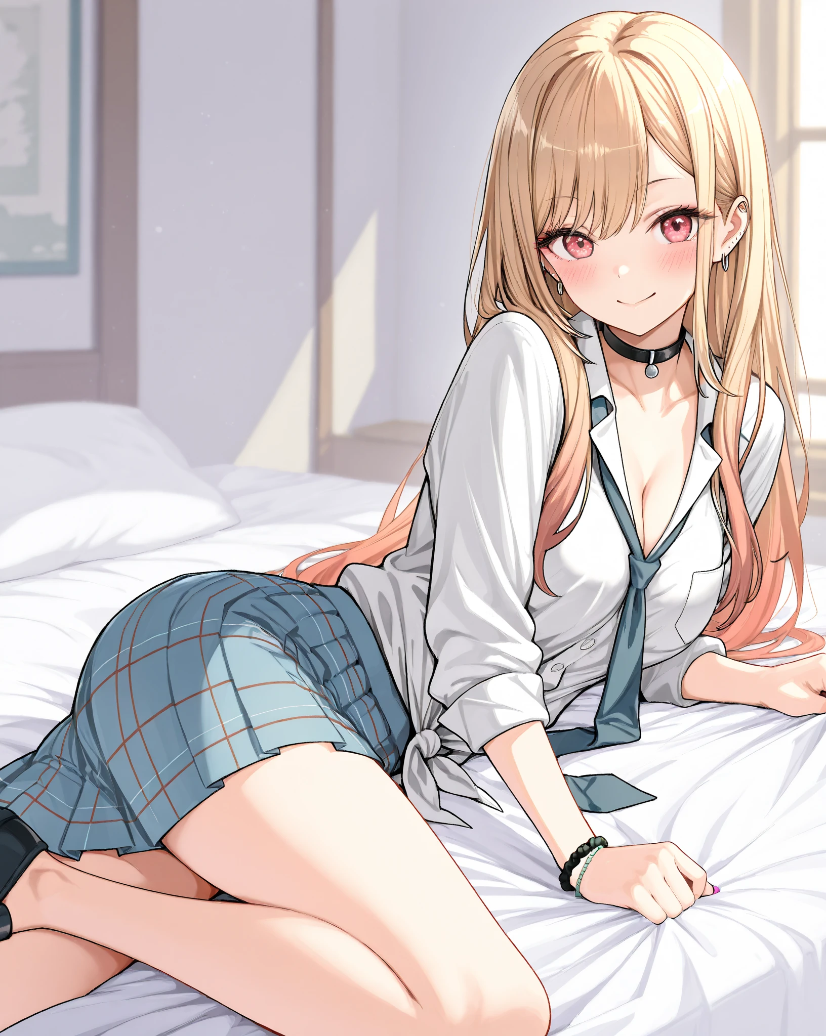 lying girls up to down from viewer's face, 1girl solo focus, a girls half closed eyes looking down and super open big mouth face, open legs and super loose socks feet and wearing satin cute panties, loafer soles up straddle sitting male abdomen missionary, (on the pink cute bed), She lies on the bed on her back, (overflowing with love juice:1.4), You push her down on the bed, Beautifully breasts exposed by the unbutton open front outer shirt, (Masterpiece, Super realistic, Super details, Super Highest Quality, Super Highest Quality), super cute and beautiful girl, (Mysterious atmosphere:1.3), You are male professional photographer, Japanese gal, For dark brown eyes, Blonde yellow hair, Pink ribbon, gal make-up, False eyelashes, Pearl pink lips, Unbuttoned out Hemmed sailor red open collared open front white shirt, (Very thin shirt:1.3), beautiful focus, big open mouth, (brown eyes:1.4), big round chest, BREAK, (Half down two side up blonde very long hair style:1.4), (Wider at the hem flabby large in size Super Loose Socks:1.4), (wear loafer:1.2), An innocent 16-year-old girl, (skin fang:1.2), super happy smile, evil smile, Extremely Realistic, big open mouth ahegao orgsming face, half close eyes, (With white ruffled hem red plaid pleat mini skirt girls:1.4), POV thighs push hands, (Shirt open outer outfit:1.4), super photo realistic, (Outfits with lots of frills:1.4), (White ruffles lots of in red skirt:1.6), (Very thin Long bangs over the eyes, Brown cartoon eyes:1.3), (Half head back:1.2), self shirt lift breasts exposed, rise your hands rabbit pose, super orgasming face, (Riko Mine from HidannoAria:1.2), beautiful camel toe, one legs up,score_9, White ruffled long sleeves, white ruffled skirt hem, wearing shiny satin bikinis, (One leg up wear loafea sole that seems to be stepping on the viewer's face:1.4). duck mouth, (white ruffled style mini skirt:1.4), slim thighs, slim waist, slim legs,
