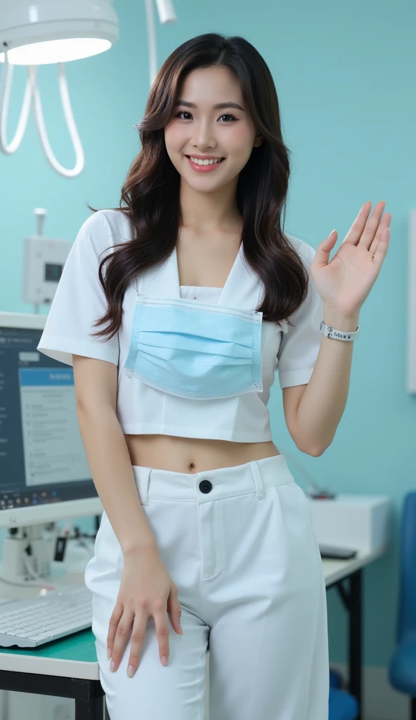best quality, masterpiece, ultra high res, 8K, raw, (photo realistic:1.4), professional lighting, sharp focus, 1 girl, (detailed background:1.5), (dental clinic, desk, chair:1.3), full body, slender, cute, 24yo, smile, tiny breasts, short ponytail, hospital receptionist, (pastel white nurse uniform;1.3), white mouth mask