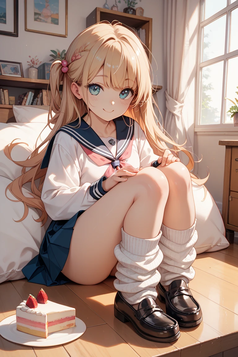 highest quality、cinematic lighting、high school girl、sailor one piece、blonde、white panties、apartment、full of sweat、smile、sweaty、sit and spread your legs、open your legs、