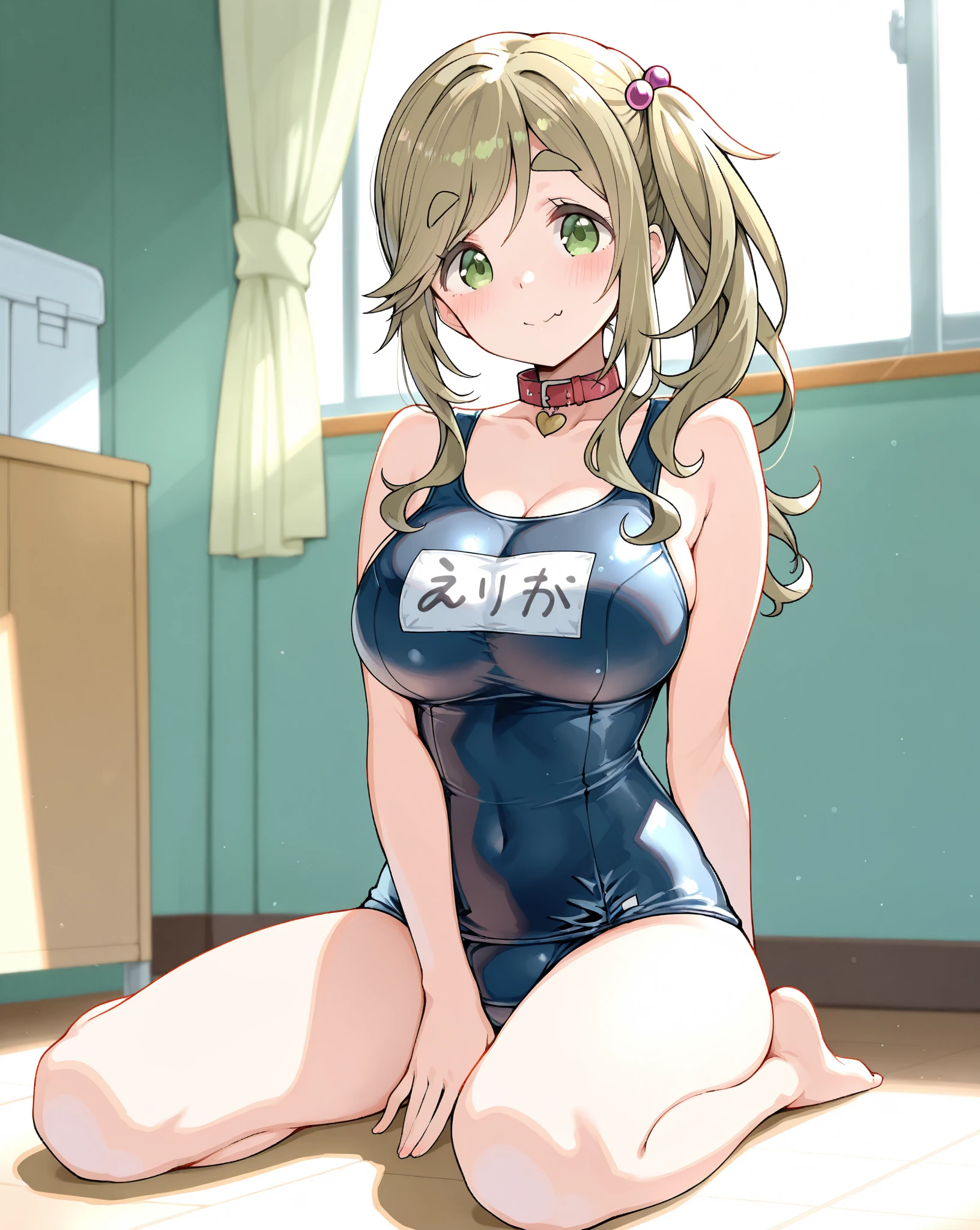 (masterpiece), (highest quality), (figure), (Very detailed), (High resolution), (8k), One Woman, Very large breasts, Big Breasts, Twin tails, Drill Hair, (Golden Hair), Very cute girl, Short, , delicate, Focus on women, she, smile, blush, Best moment, low length, Golden Eyes, Bright Eyes, Vivid eyes, cute, Thighs, Waistline, Beautiful Skin, Beautiful body, cute face, delicate arms, Innocent, Boyfriend's gaze, Neat, blush, whole body, Detailed skin texture, Intricate details, Very detailed face, Beautiful Eyes, Big Eyes, Mami Tomoe, Tank top, Denim shorts, room, Glasses, Sweat, cleavage, barefoot, open your mouth, don't wear a hat,