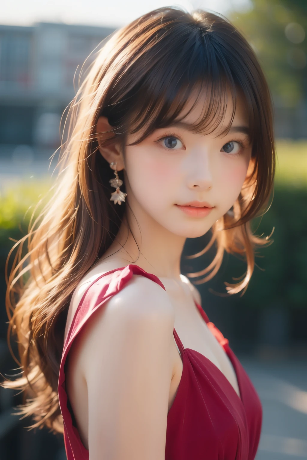 [White women:1.2, long curly hair :1.2, Elegant Red Dress , has a low nose , light brown eyes], Portrait, VSCO Filters: C8)