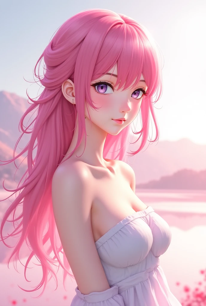 Gabriel, Woman 25 years old, pink hair, gold eyes, evil smile, big breasts, nudes, naked, background a tropical beach, wet body. perfect hands. drops of water on his chest. illuminated face.